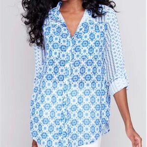 Charlie B Blue White Patterned Crinkle Georgette Roll-Up Sleeve Large Blouse